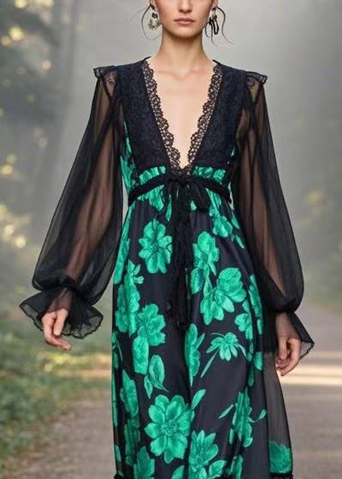 Chic Black V Neck Print Chiffon Long Dresses Butterfly Sleeve