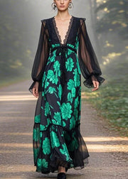 Chic Black V Neck Print Chiffon Long Dresses Butterfly Sleeve