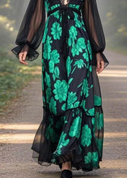 Chic Black V Neck Print Chiffon Long Dresses Butterfly Sleeve