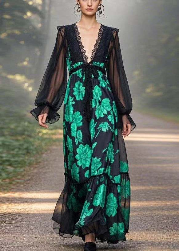 Chic Black V Neck Print Chiffon Long Dresses Butterfly Sleeve