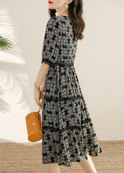 Chic Black V Neck Print Tie Waist Cotton Long Dresses Half Sleeve