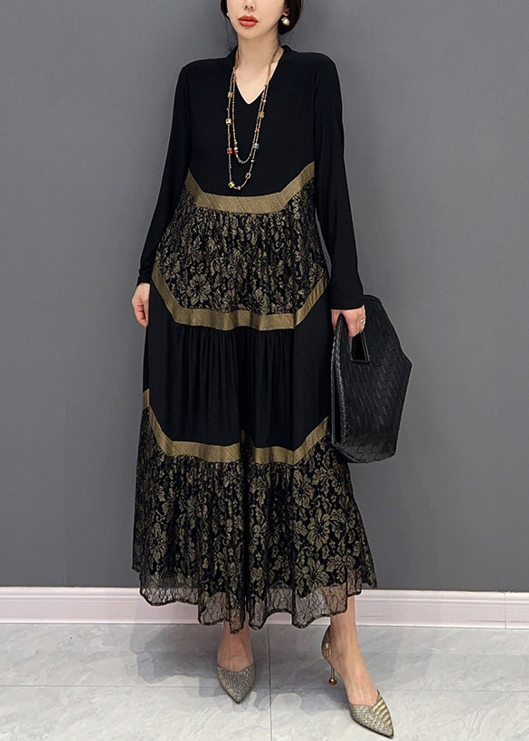 Chic Black V Neck Print Tulle Patchwork Cotton Dresses Fall