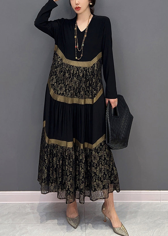 Chic Black V Neck Print Tulle Patchwork Cotton Dresses Fall