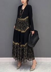 Chic Black V Neck Print Tulle Patchwork Cotton Dresses Fall