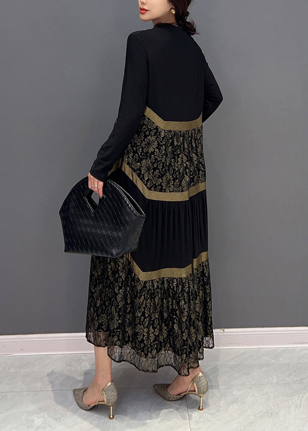 Chic Black V Neck Print Tulle Patchwork Cotton Dresses Fall