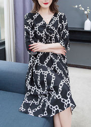 Chic Black V Neck Print Wrinkled Patchwork Chiffon Dress Summer