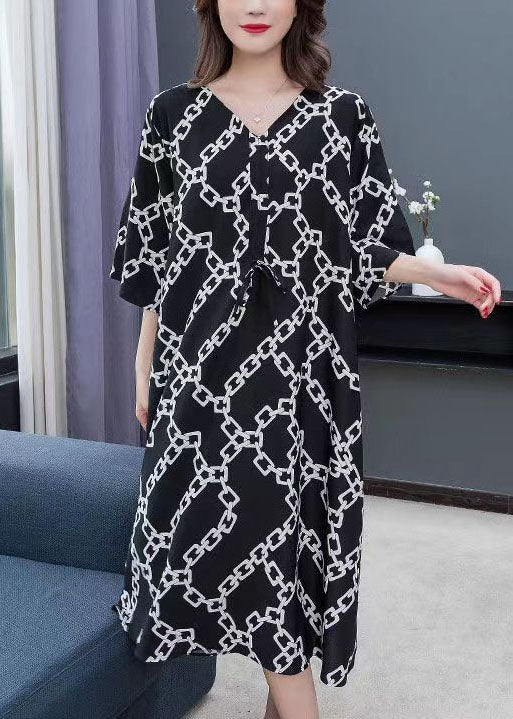 Chic Black V Neck Print Wrinkled Patchwork Chiffon Dress Summer