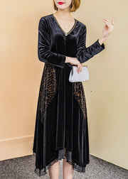 Chic Black V Neck Ruffled Zircon Patchwork Velour Dress Fall