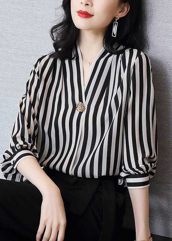 Chic Black V Neck Striped Patchwork Silk Shirt Tops Spring