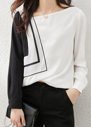 Chic Black White Asymmetrical Design Patchwork Chiffon Top Long Sleeve