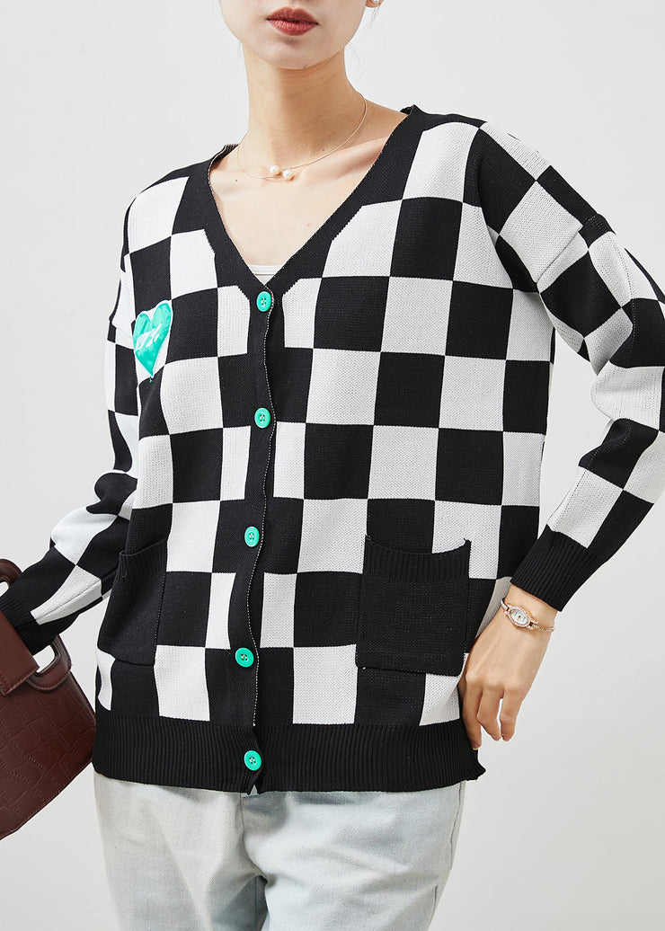 Chic Black White Plaid Knit Cardigans Spring