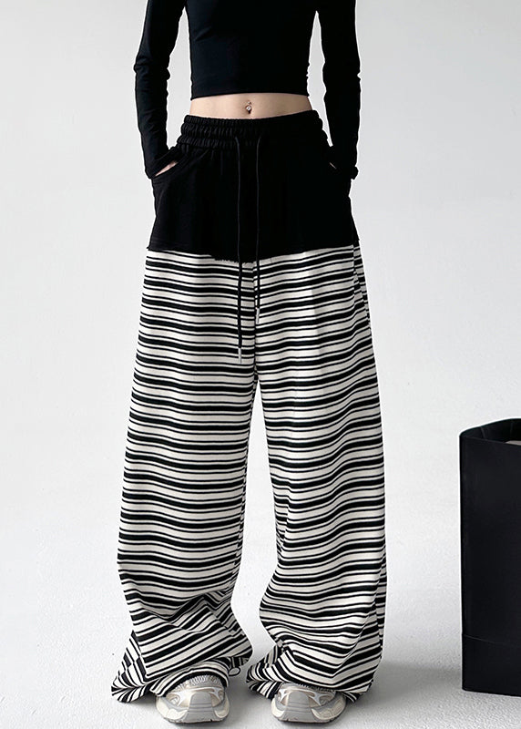 Chic Black White Striped Pockets Tie Waist Wide Leg Pants Sprin