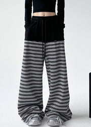 Chic Black White Striped Pockets Tie Waist Wide Leg Pants Sprin