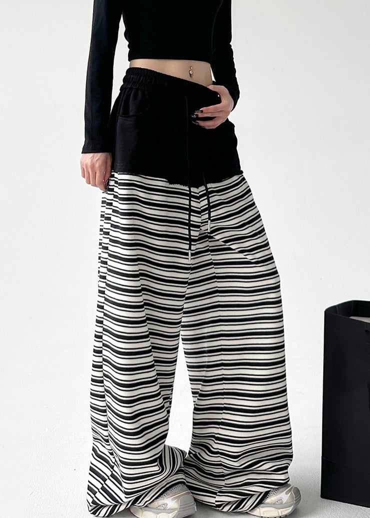 Chic Black White Striped Pockets Tie Waist Wide Leg Pants Sprin