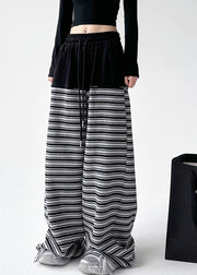 Chic Black White Striped Pockets Tie Waist Wide Leg Pants Sprin