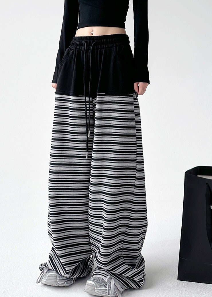 Chic Black White Striped Pockets Tie Waist Wide Leg Pants Sprin