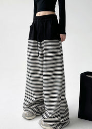 Chic Black White Striped Pockets Tie Waist Wide Leg Pants Sprin