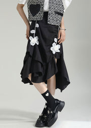 Chic Black Wrinkled Asymmetrical Floral Patchwork Cotton Skirt Fall