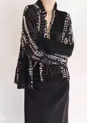 Chic Black Wrinkled Patchwork Tulle Blouse Tops Spring