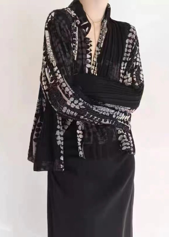 Chic Black Wrinkled Patchwork Tulle Blouse Tops Fall