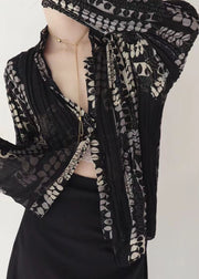 Chic Black Wrinkled Patchwork Tulle Blouse Tops Spring