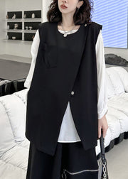 Chic Black Zip Up Front Open Patchwork Cotton Waistcoat Sleeveless