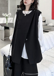 Chic Black Zip Up Front Open Patchwork Cotton Waistcoat Sleeveless