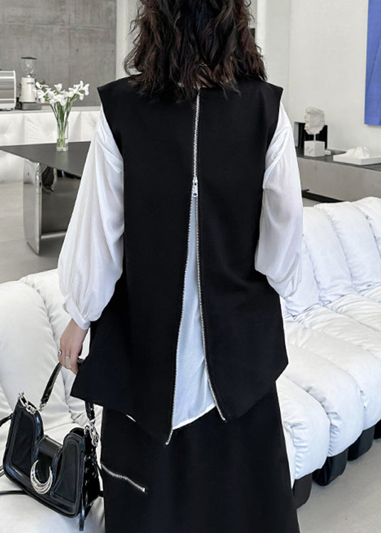 Chic Black Zip Up Front Open Patchwork Cotton Waistcoat Sleeveless