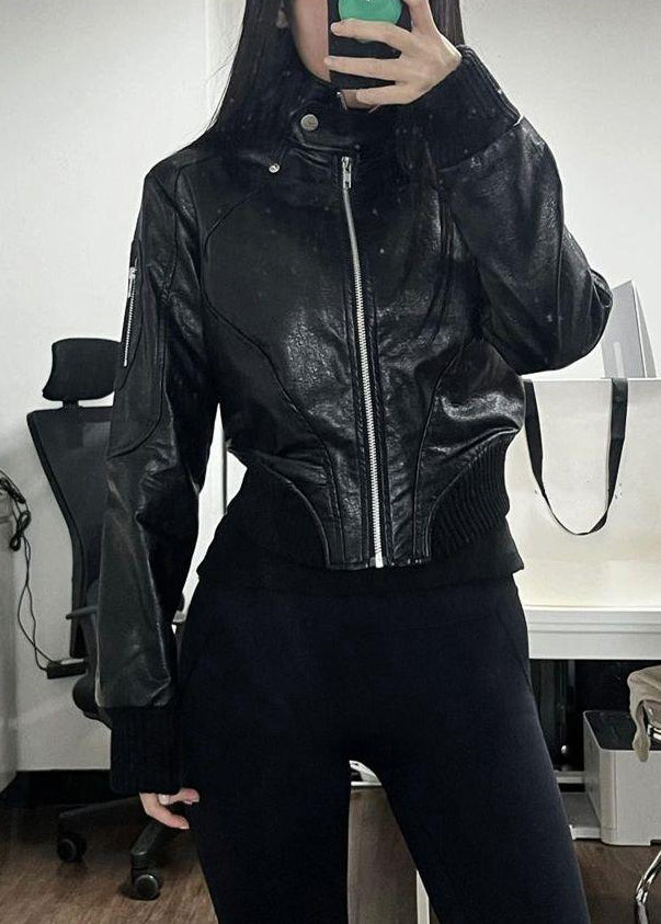 Chic Black Zip Up Patchwork Faux Leather Coats Spring