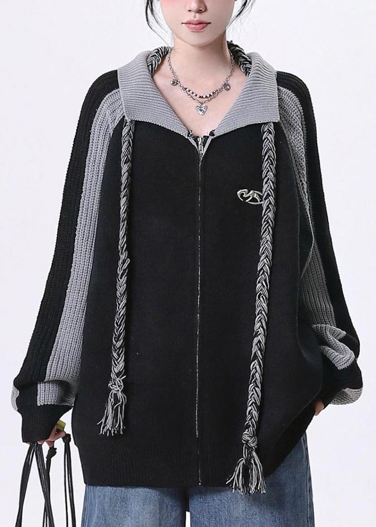 Chic Black Zip Up Patchwork Loose Knit Cardigan Spring