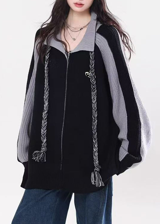 Chic Black Zip Up Patchwork Loose Knit Cardigan Spring