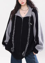 Chic Black Zip Up Patchwork Loose Knit Cardigan Spring