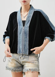 Chic Black Zip Up Patchwork Silk Velvet Denim Coats Spring