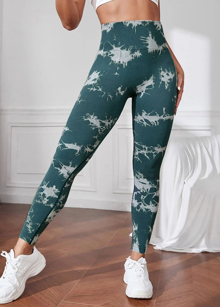 Chic Blackish Green Butt Scrunch Nylon Capri Tie Dye Gym Shark Leggings