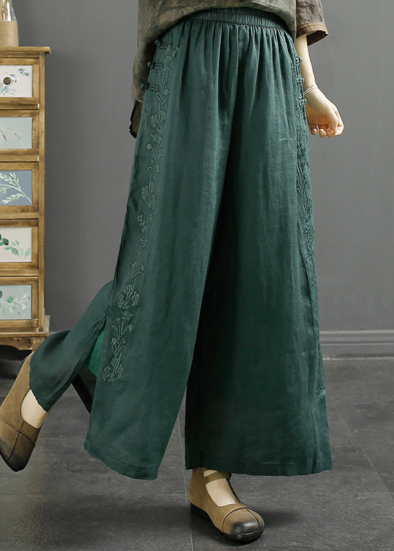 Chic Blackish Green Embroidered Side Open Linen Crop Pants Spring