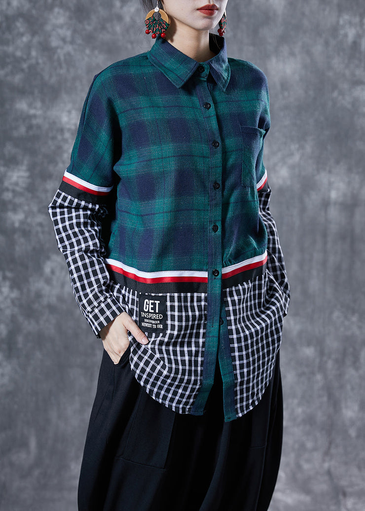 Chic Blackish Green Peter Pan Collar Patchwork Plaid Cotton Shirts Spring