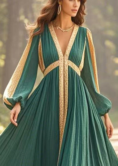 Chic Blackish Green V Neck Patchwork Exra Large Hem Cotton Vestidos Dress Spring