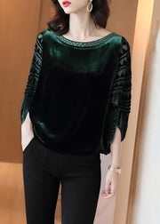 Chic Blackish Green Zircon Patchwork Silk Velour Top Batwing Sleeve