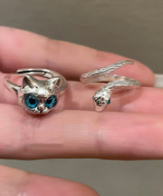 Chic Blue Alloy Glass Little Cats And Snake Rings Two Pieces Set