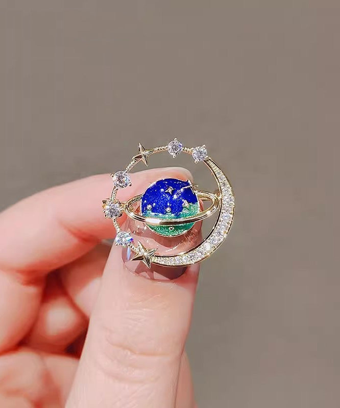 Chic Blue Alloy Zircon Cosmic Planet Brooch