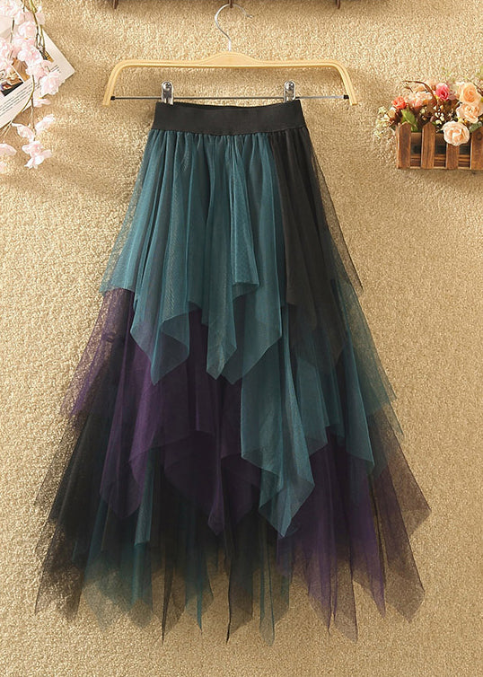 Chic Blue Asymmetrical Elastic Waist Patchwork Tulle Skirts Summer