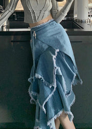 Chic Blue Asymmetrical High Waist Patchwork Denim Skirt Fall