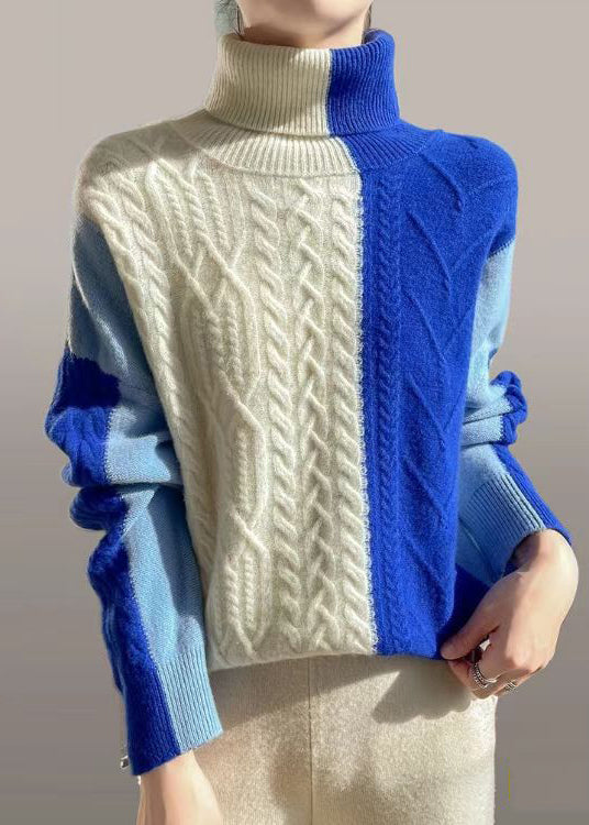 Chic Blue Asymmetrical Patchwork Cable Knit Sweater Spring