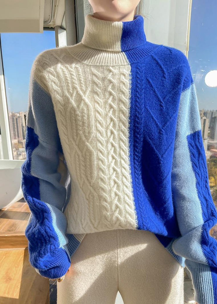 Chic Blue Asymmetrical Patchwork Cable Knit Sweater Spring