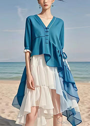 Chic Blue Asymmetrical Patchwork Chiffon Dress Half Sleeve