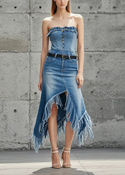 Chic Blue Asymmetrical Patchwork Tasseled Denim Skirts Spring