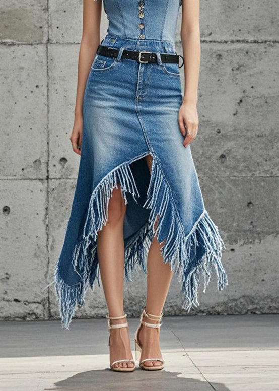 Chic Blue Asymmetrical Patchwork Tasseled Denim Skirts Spring