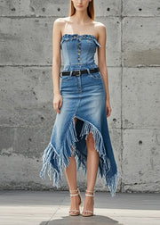 Chic Blue Asymmetrical Patchwork Tasseled Denim Skirts Spring