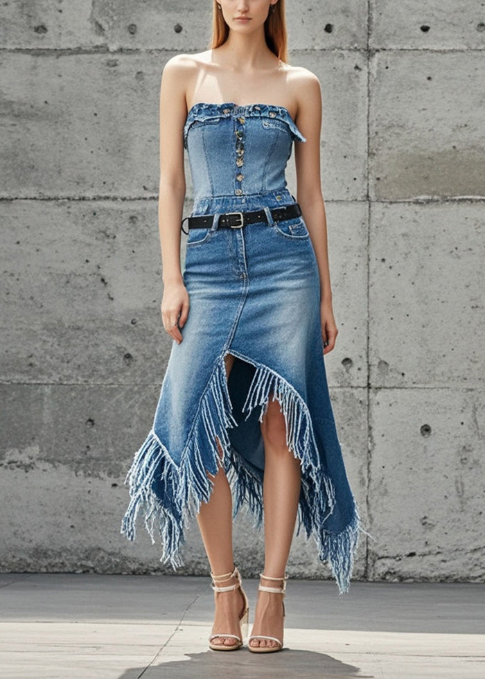 Chic Blue Asymmetrical Patchwork Tasseled Denim Skirts Spring