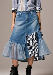 Chic Blue Asymmetrical Patchwork Tulle Denim Skirts Spring